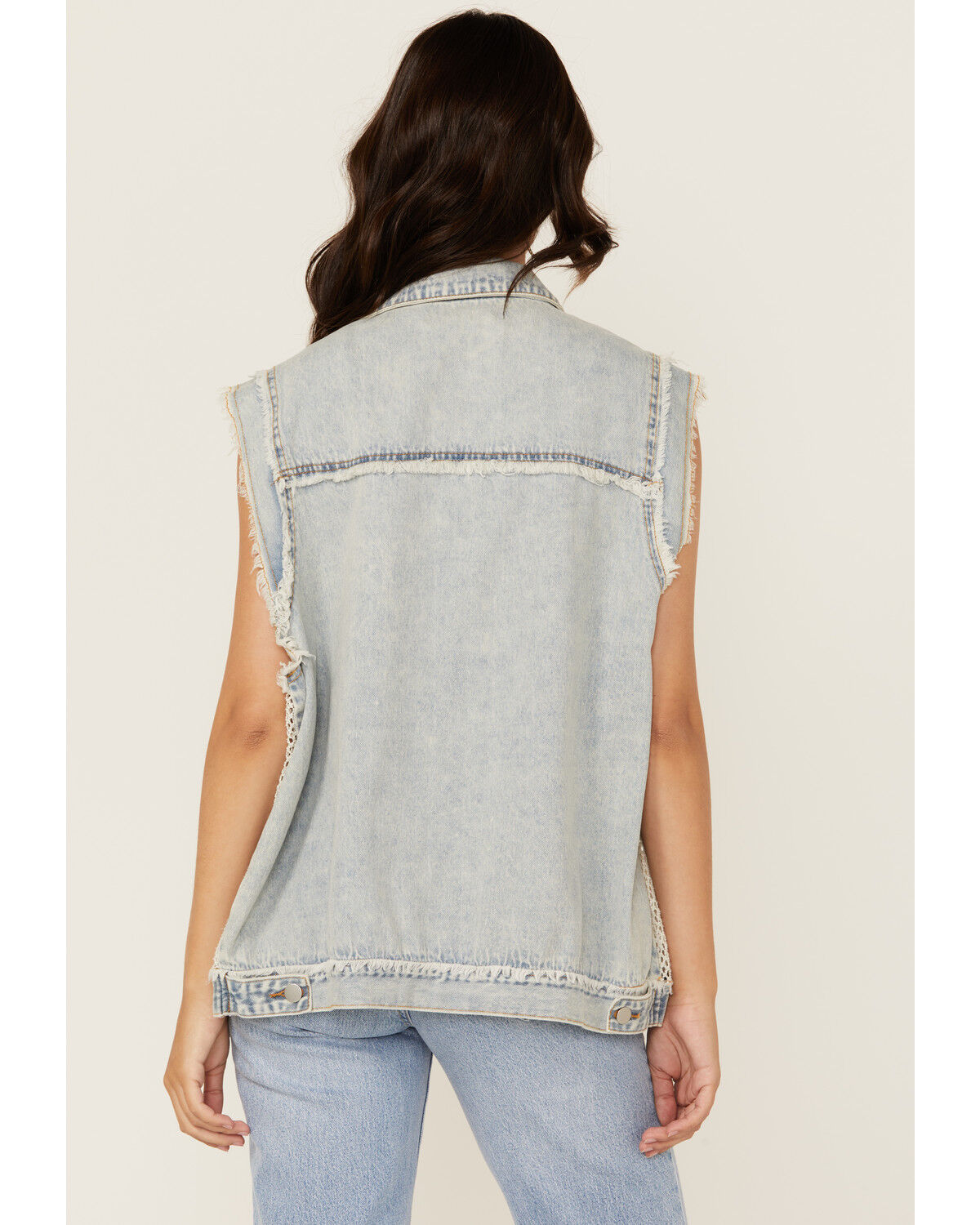 Image #4 - POL Women's Denim Lace Button-Down Vest, Light Wash, hi-res