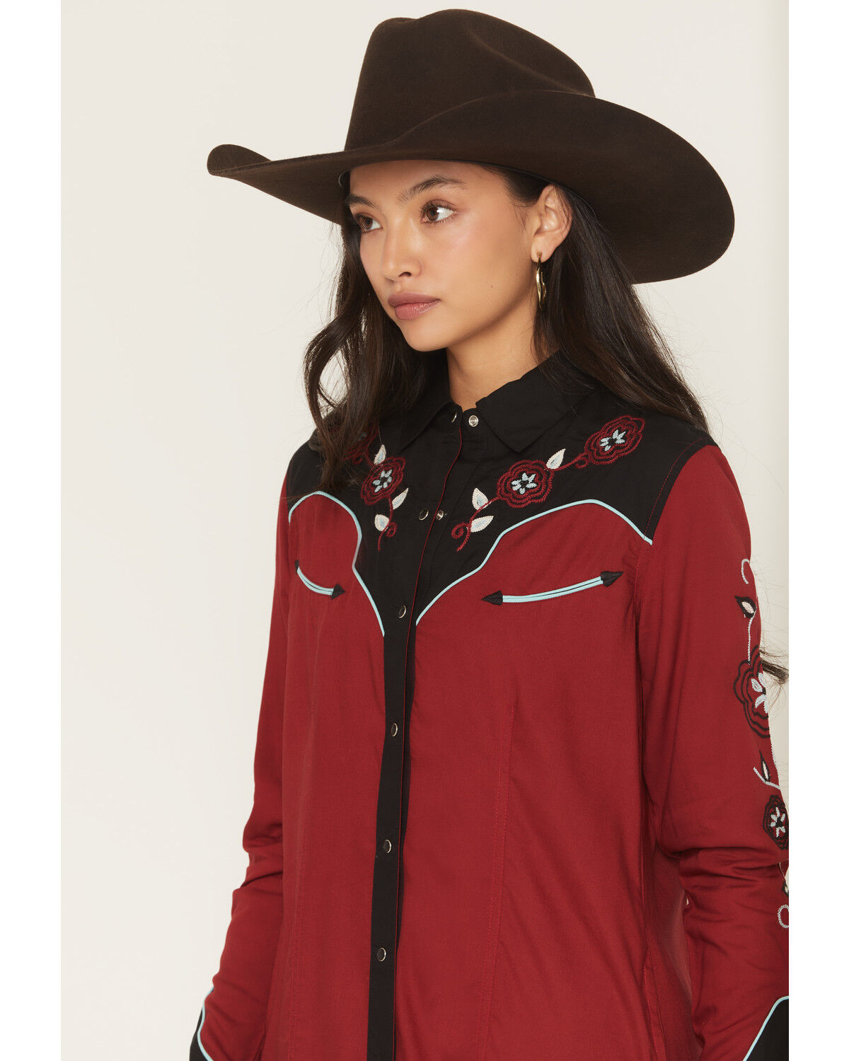 Image #2 - Panhandle Slim Women's Boot Barn Exclusive Long Sleeve Retro Embroidered Challis Mini Dress, Burgundy, hi-res