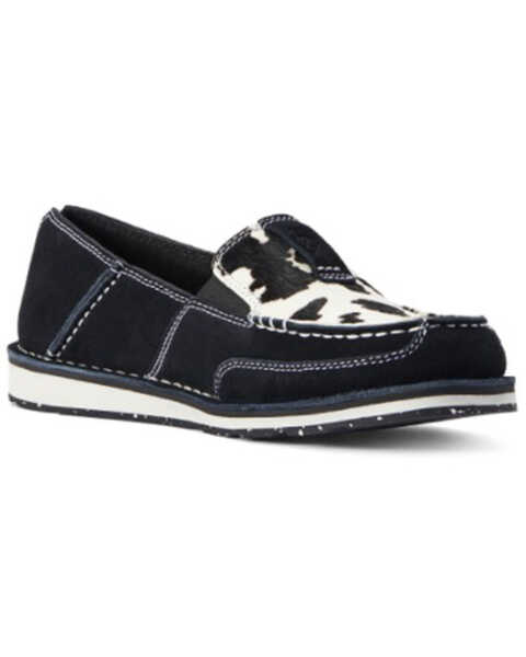 Ariat Women's Suede Cow Print Hair-On Casual Slip-On Cruiser - Moc Toe , Black, hi-res