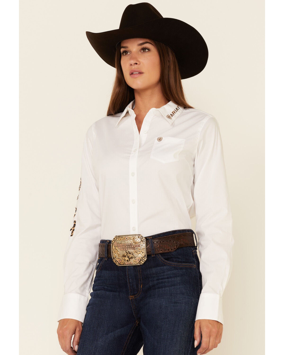 Ariat Women's Team Kirby Leopard Logo Long Sleeve Button Down Stretch Shirt, White, hi-res