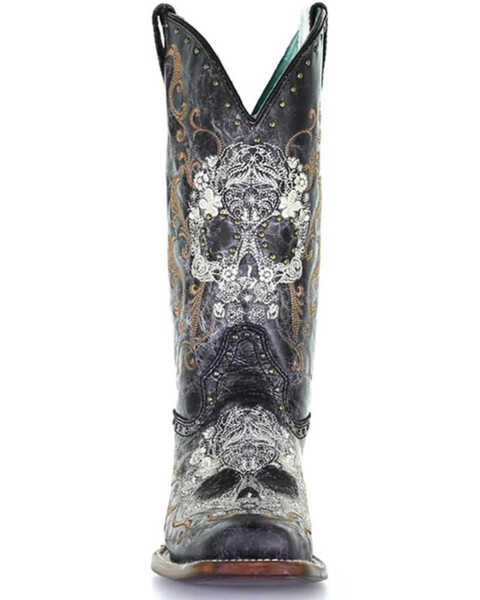 Image #3 - Corral Women's Floral Skull Embroidery & Studs Western Boots - Square Toe, Black/white, hi-res