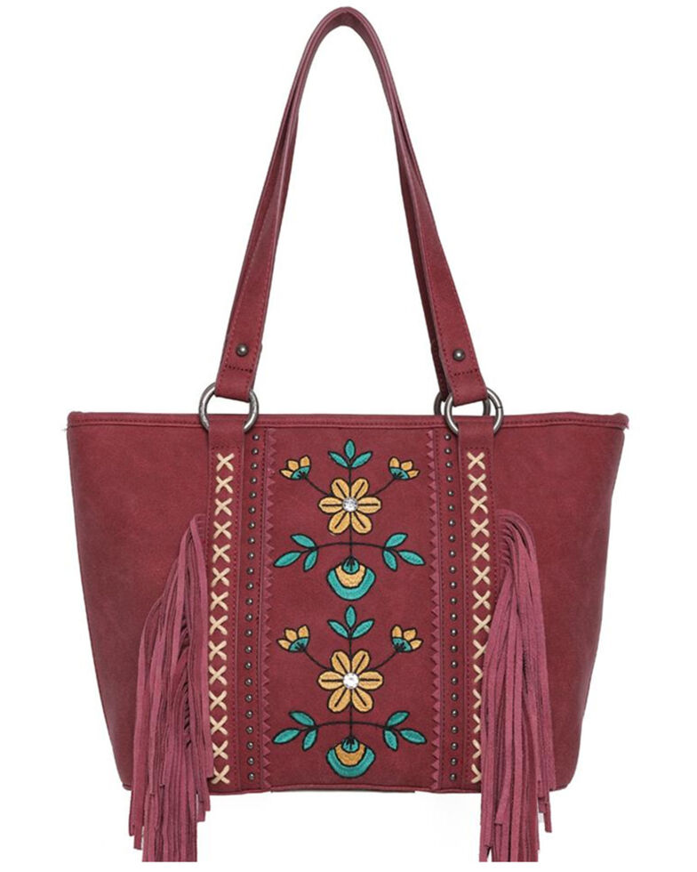 Montana West Women's Embroidered Fringe Conceal Tote Handbag, Red, hi-res