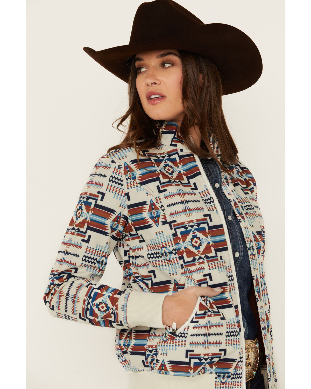Image #2 - Shyanne Women's Maya Southwestern Print Softshell Bomber Jacket, Cream, hi-res