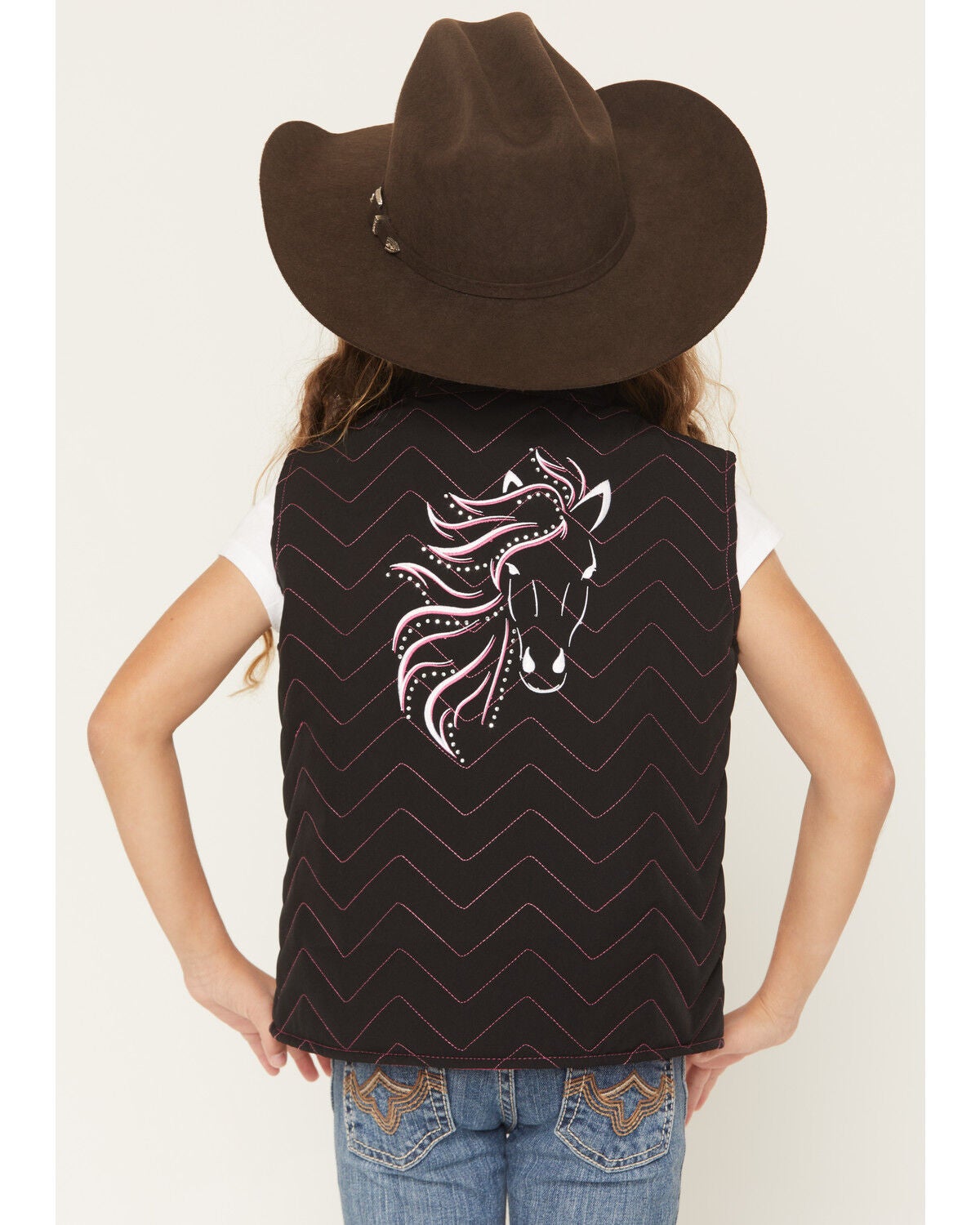 Cowgirl Hardware Girls' Blaze Horse Quilted Vest, Black, hi-res