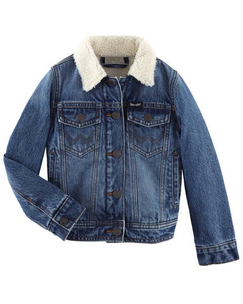 Wrangler Girls' Medium Wash Denim Sherpa Lined Jacket , Medium Wash, hi-res