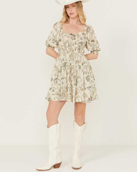 Revel Women's Leaf Print Mini Dress, Cream, hi-res