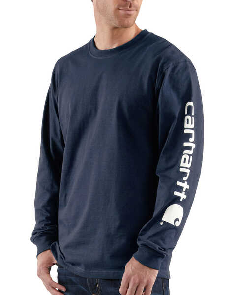 Carhartt Men's Loose Fit Heavyweight Long Sleeve Logo Graphic Work T-Shirt, Navy, hi-res