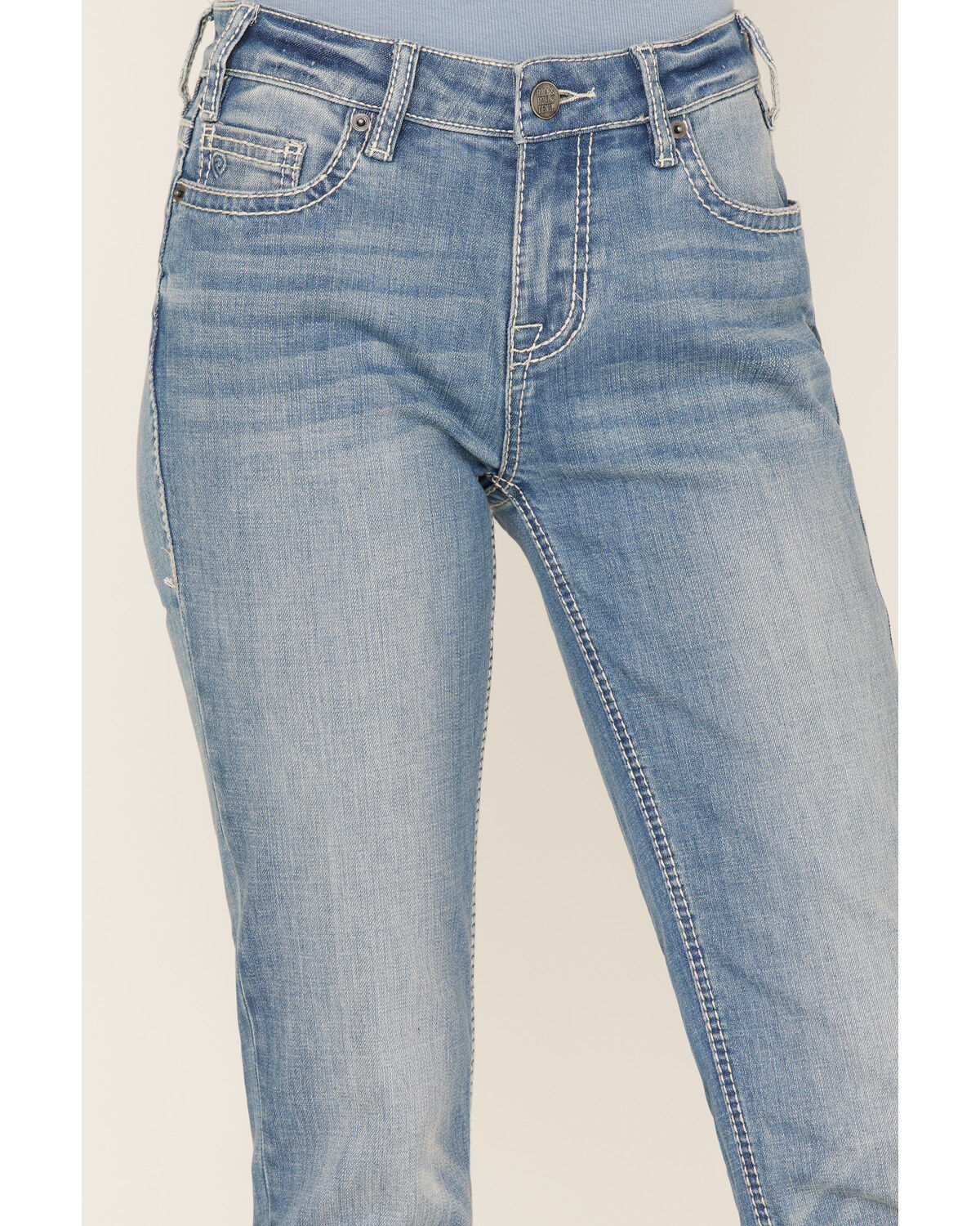 Image #2 - Rock & Roll Denim Women's Light Wash Mid Rise Straight Riding Jeans, Light Wash, hi-res