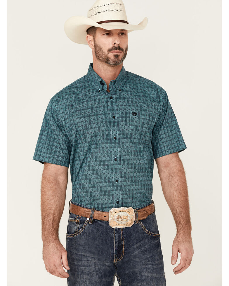 Cinch Men's Turquoise Geo Print Short Sleeve Button-Down Western Shirt - Big , Turquoise, hi-res