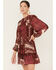 Flying Tomato Women's Paisley Patchwork Smocked Dress, Burgundy, hi-res