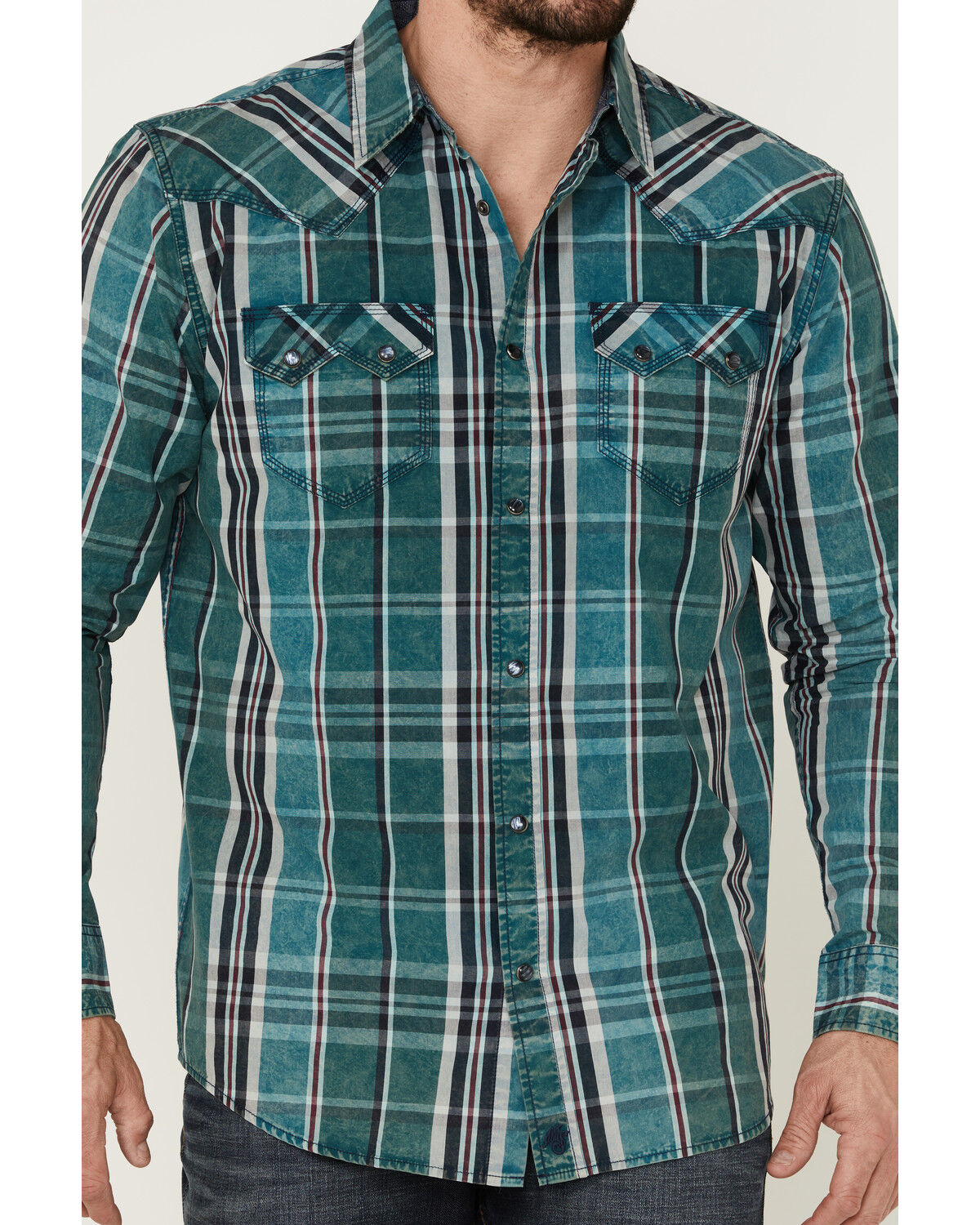 Image #3 - Moonshine Spirit Men's Marble Crackle Plaid Long Sleeve Snap Western Shirt, Navy, hi-res