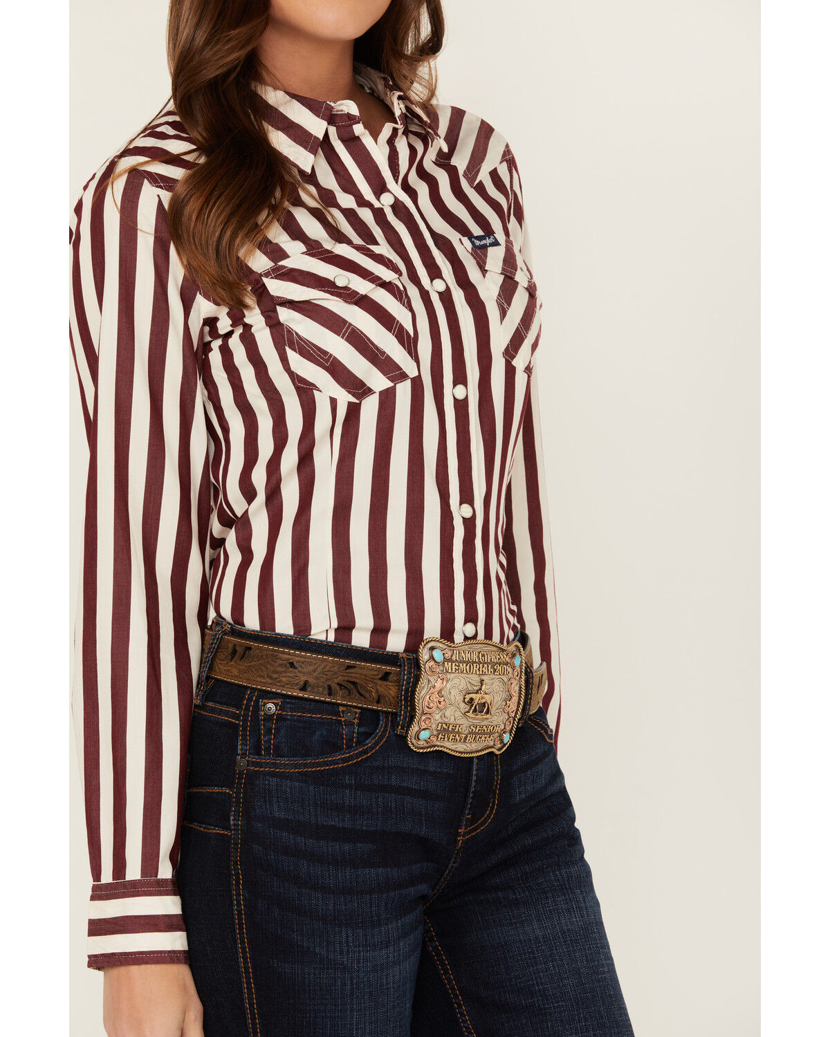 Image #4 - Wrangler Retro Women's Striped Long Sleeve Snap Western Shirt, Burgundy, hi-res