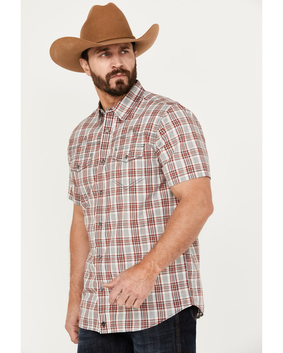 Image #2 - Moonshine Spirit Men's Steel Drum Plaid Print Short Sleeve Western Snap Shirt, Red, hi-res