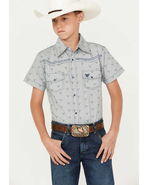 Cowboy Hardware Boys' Skull Print Long Sleeve Pearl Snap Western Shirt, Light Grey, hi-res