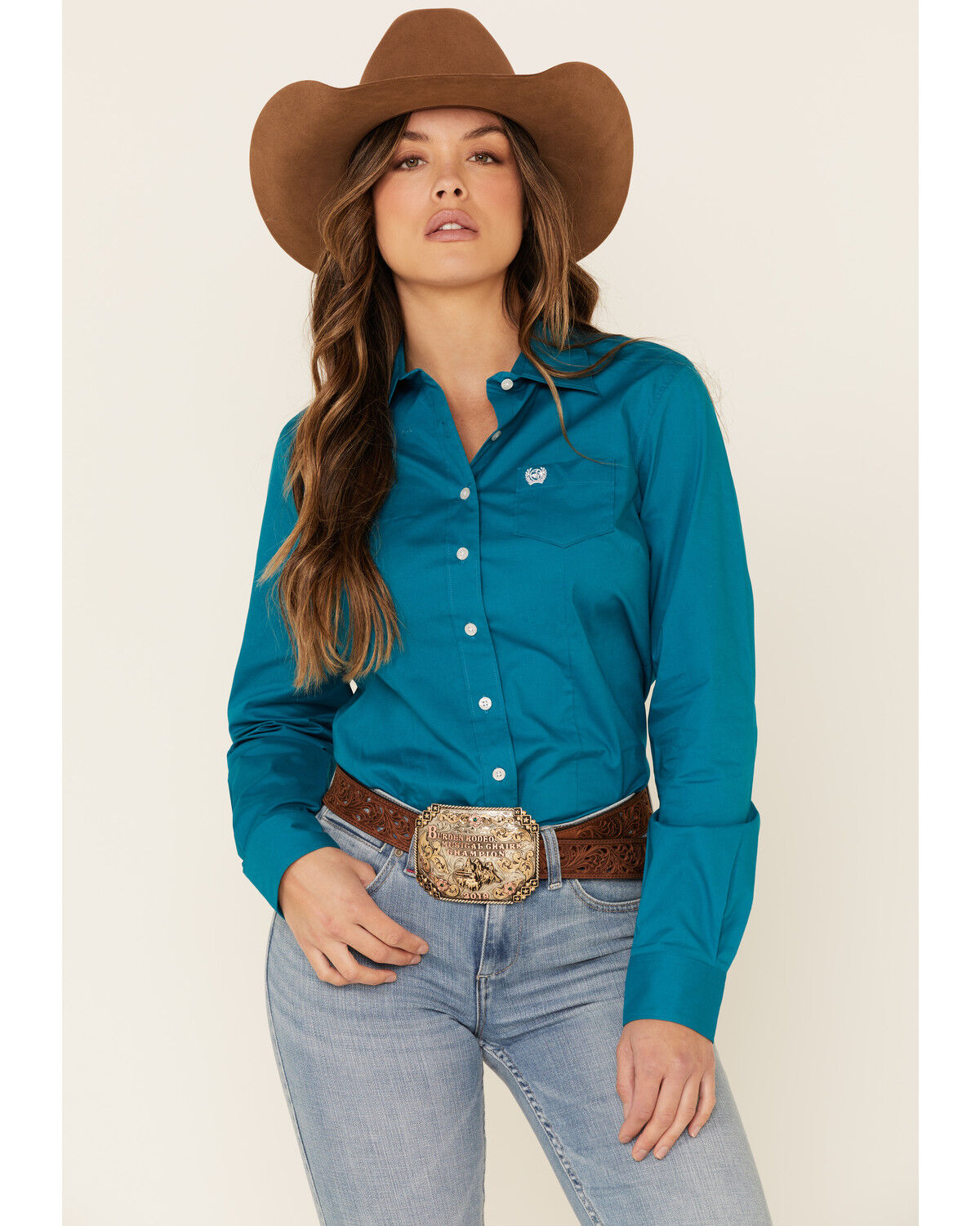 Image #1 - Cinch Women's Teal Solid Button Front Long Sleeve Western Shirt, Teal, hi-res