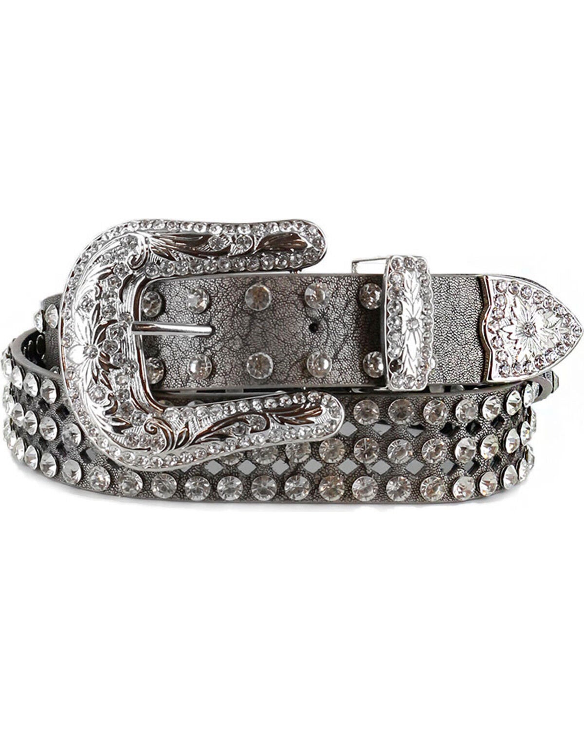 Shyanne Women's Rhinestone Filigree Leather Belt, Silver, hi-res