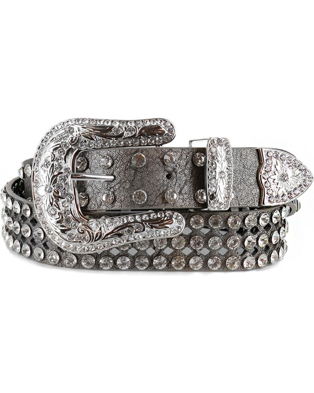 Image #1 - Shyanne Women's Rhinestone Filigree Leather Belt, Silver, hi-res