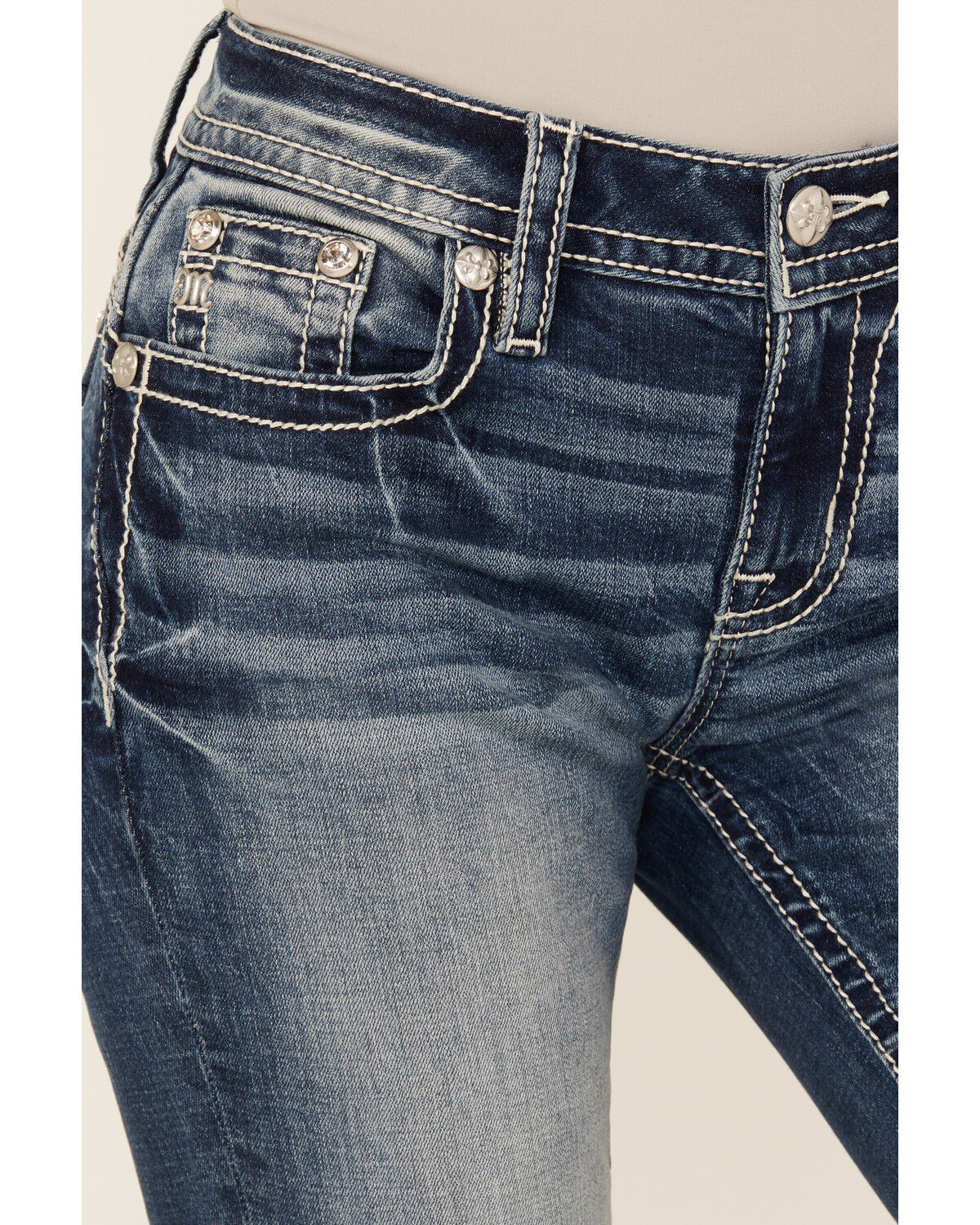 Image #4 - Miss Me Women's Dark Wash Embroidered 32" Bootcut Stretch Denim Jeans, Dark Wash, hi-res