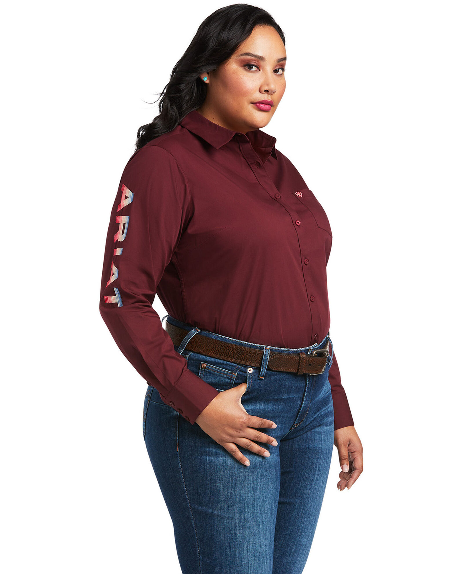 Image #1 - Ariat Women's Team Kirby Stretch Zinfandel Long Sleeve Button Shirt - Plus, Burgundy, hi-res