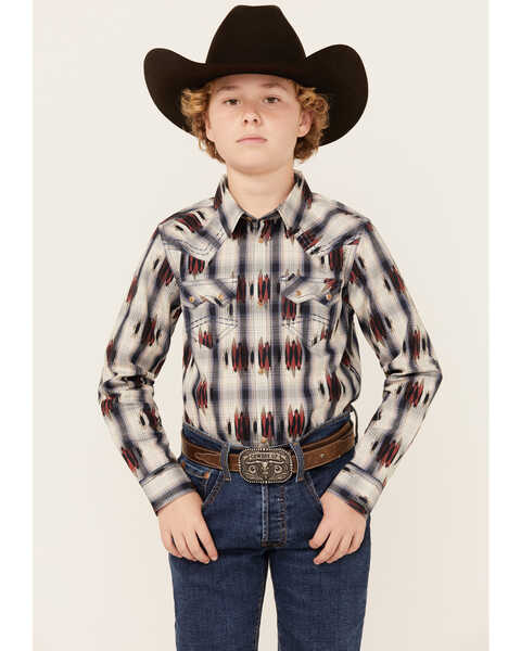 Image #1 - Cody James Boys' Zion Sunset Plaid Print Long Sleeve Snap Western Shirt , Red, hi-res
