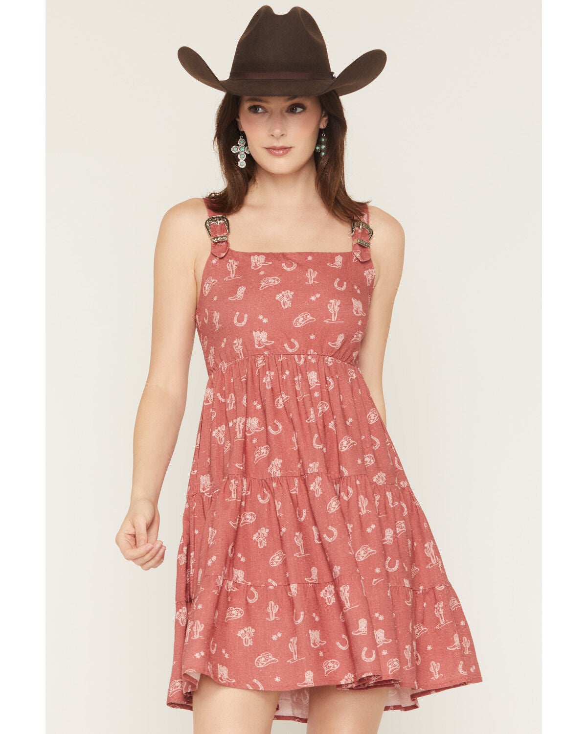 Image #2 - Wild Moss Women's Buckle Strap Western Print Mini Dress, Rust Copper, hi-res