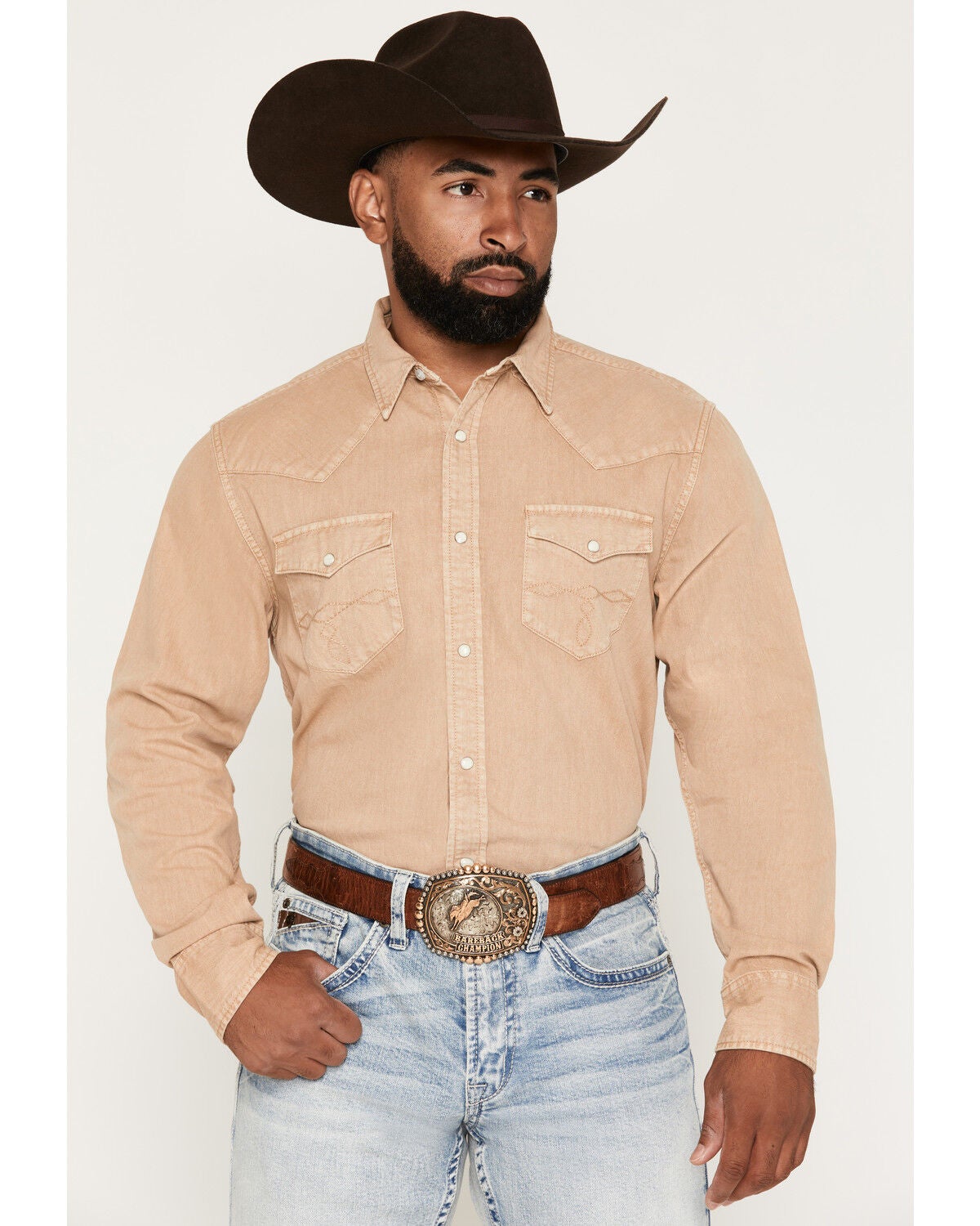 Cody James Men's Solid Long Sleeve Snap Denim Western Shirt, Tan, hi-res