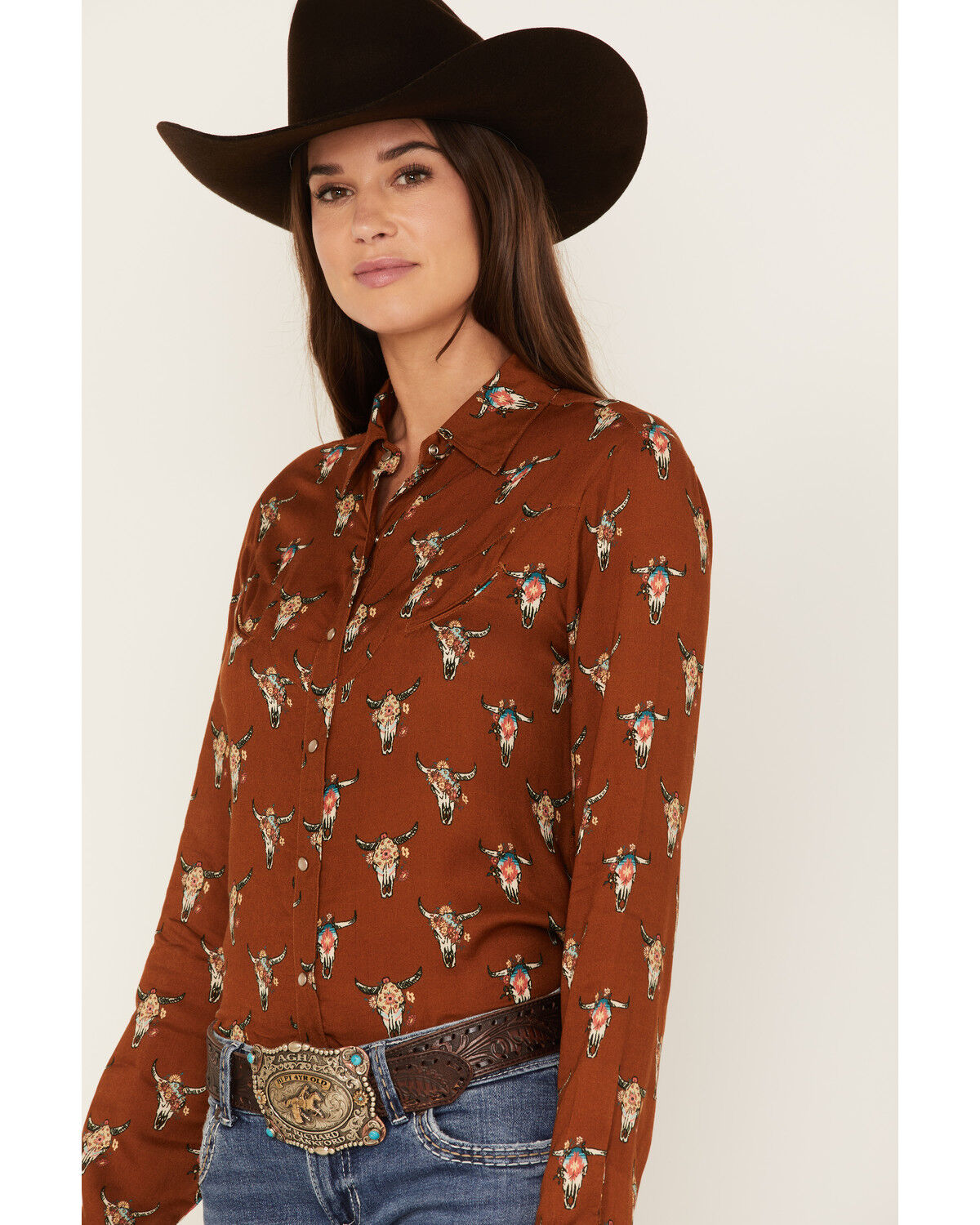 Image #2 - Roper Women's Steer Head Skull Print Long Sleeve Pearl Snap Western Shirt, Brown, hi-res