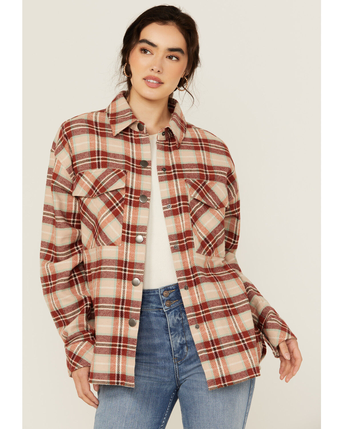 Image #1 - Rock & Roll Denim Women's Plaid Print Fringe Snap Shacket, Rust Copper, hi-res