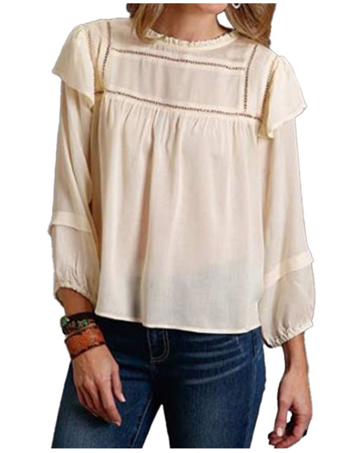 Stetson Women's Cream Herringbone Pleated Long Sleeve Blouse Top, Cream, hi-res