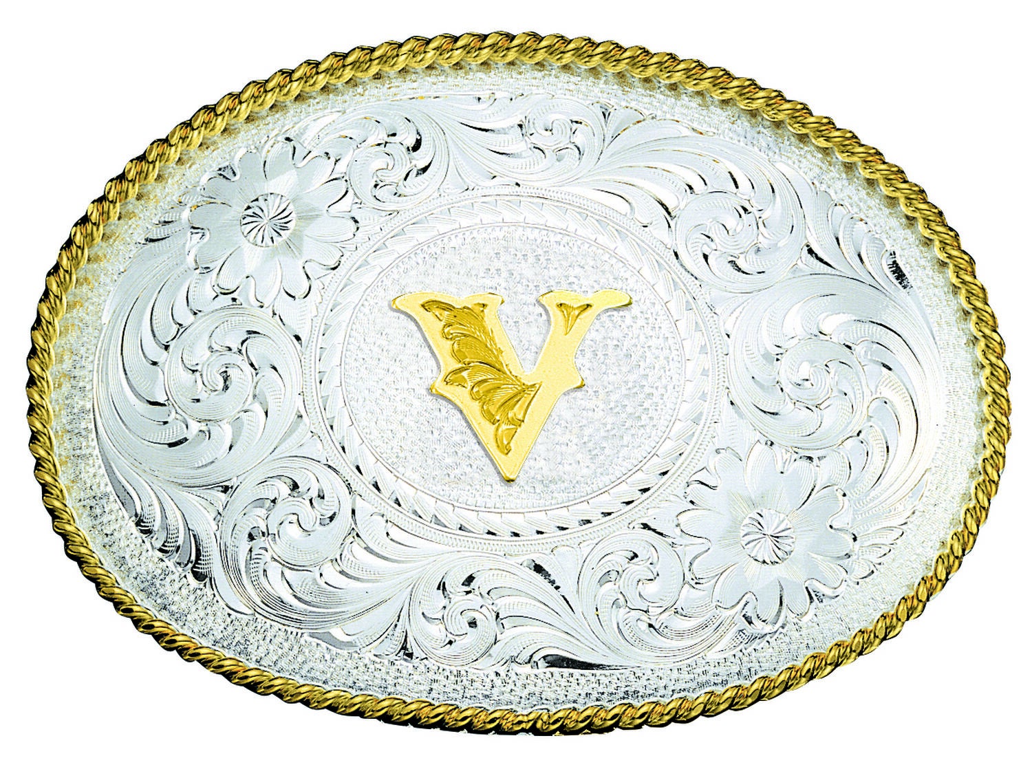 Image #1 - Montana Silversmiths Engraved Initial V Western Belt Buckle, Multi, hi-res