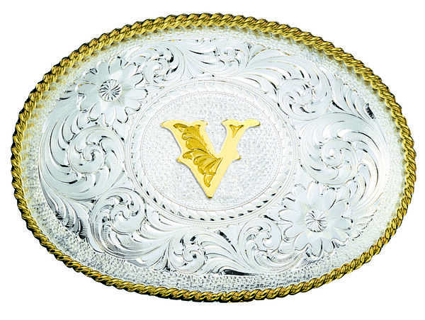 Image #1 - Montana Silversmiths Engraved Initial V Western Belt Buckle, Multi, hi-res