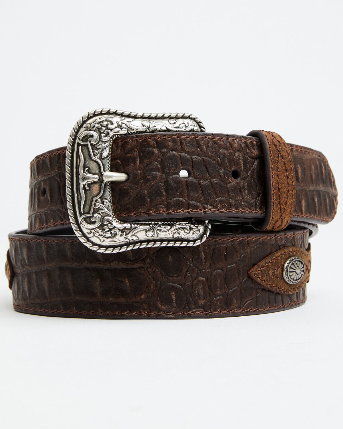 Cody James Men's Caiman Print Medallion Leather Belt, Dark Brown, hi-res