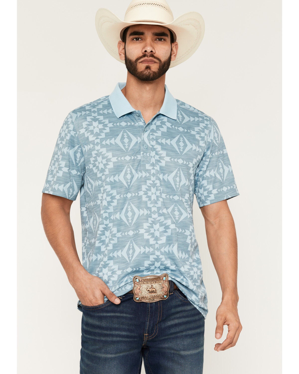 RANK 45&reg; Men's Southwestern Print Short Sleeve Button-Down Polo Shirt, Grey, hi-res