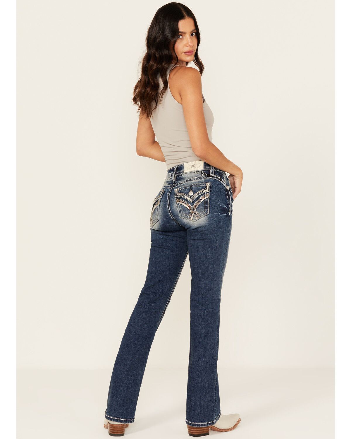 Image #1 - Miss Me Women's Dark Wash Embroidered 32" Bootcut Stretch Denim Jeans, Dark Wash, hi-res