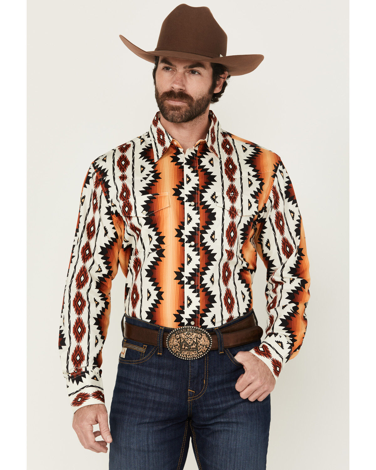 Image #1 - Wrangler Men's Checotah Southwestern Print Long Sleeve Snap Western Shirt, Orange, hi-res