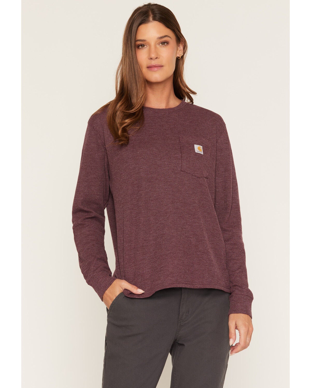 Image #1 - Carhartt Women's Waffle Knit Loose Fit Long Sleeve Work Shirt, Burgundy, hi-res