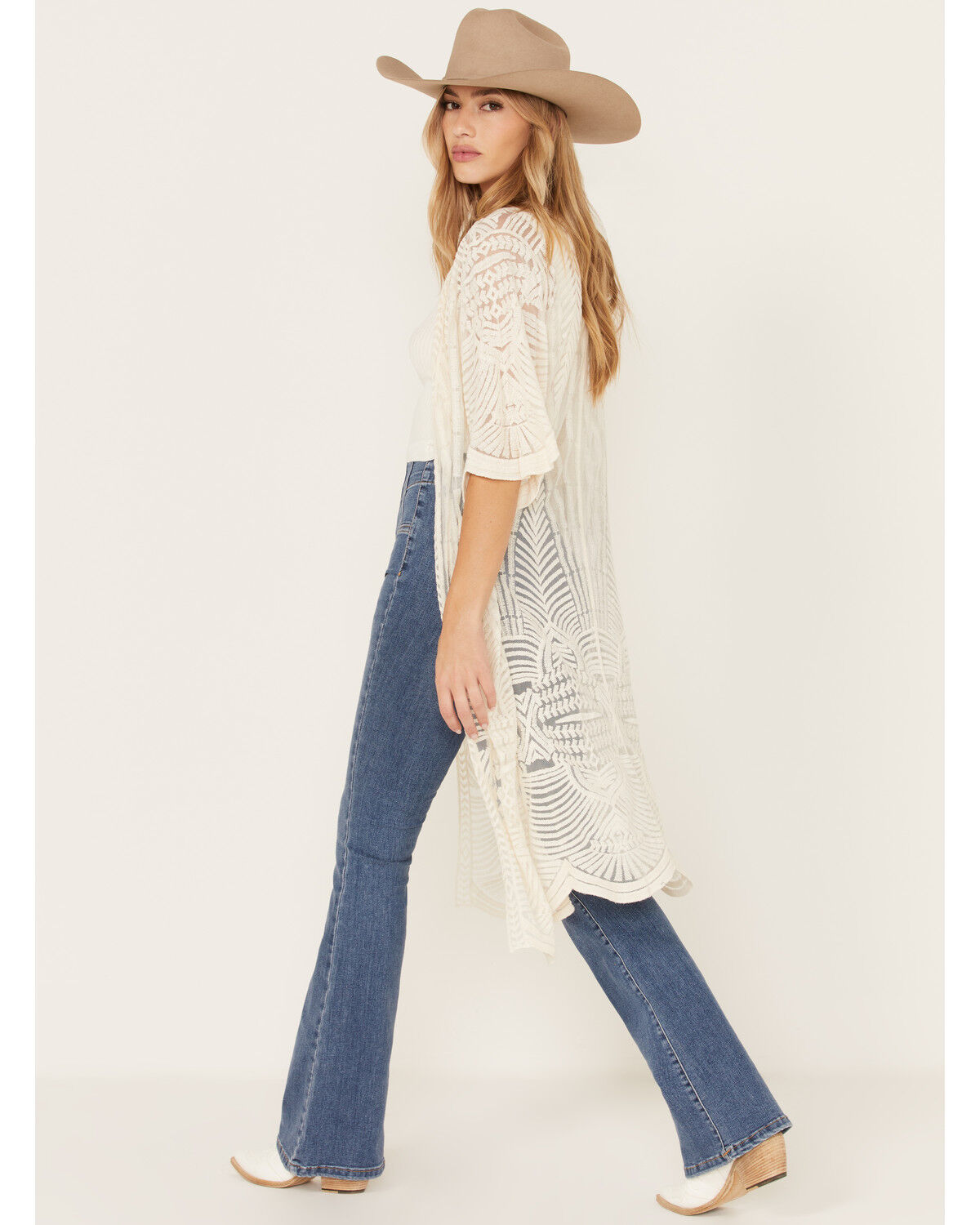 Image #4 - Shyanne Women's Geo Print Lace Short Sleeve Kimono, Ivory, hi-res
