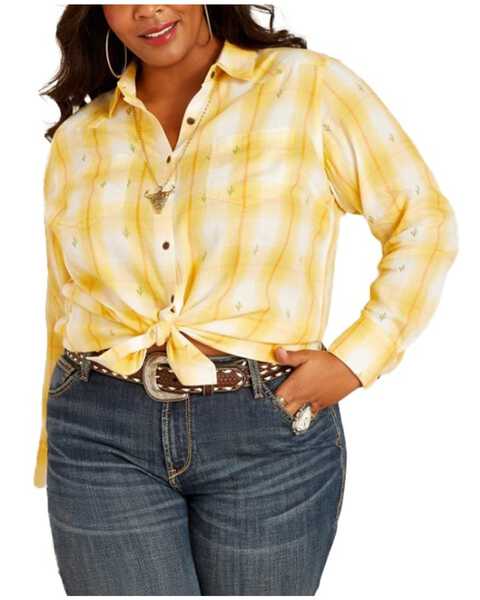 Image #1 - Ariat Women's R.E.A.L Billie Jean Cactus Plaid Print Long Sleeve Button-Down Western Shirt - Plus, Yellow, hi-res