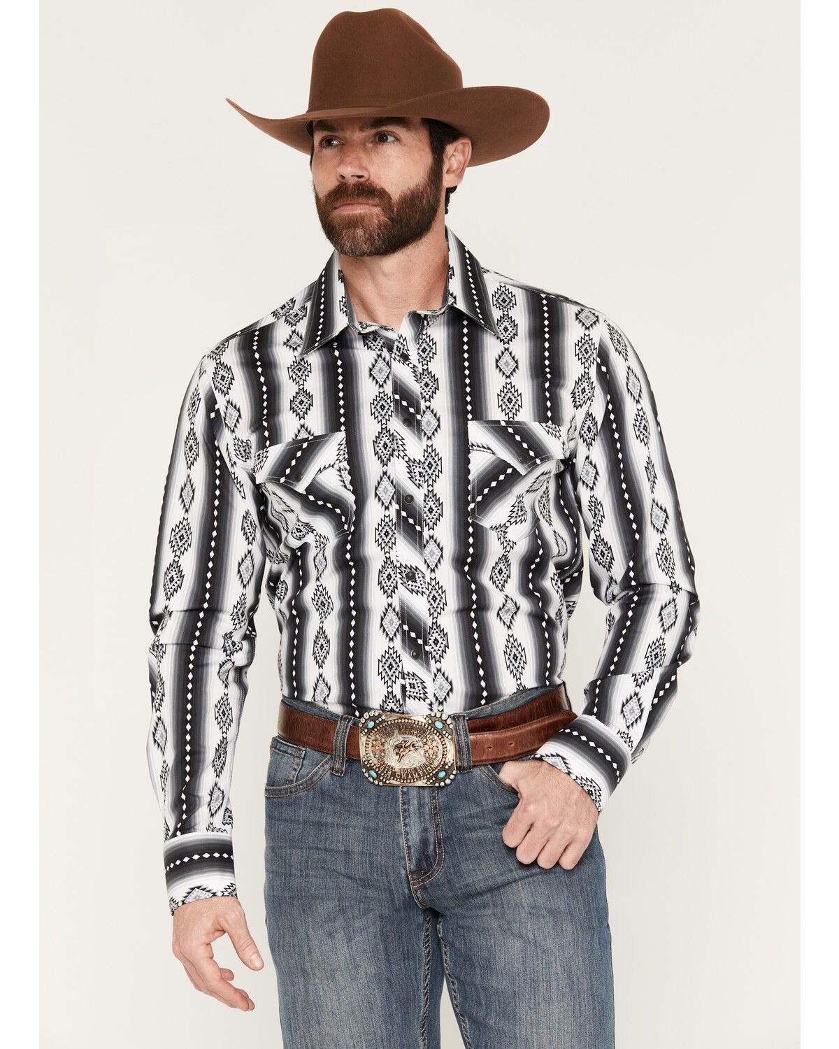 Rock & Roll Denim Men's Southwestern Print Long Sleeve Snap Stretch Western Shirt, Black, hi-res