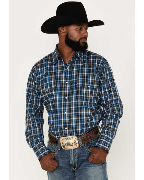 Wrangler Men's Wrinkle Resist Long Sleeve Western Snap Plaid Print Shirt, Black/blue, hi-res