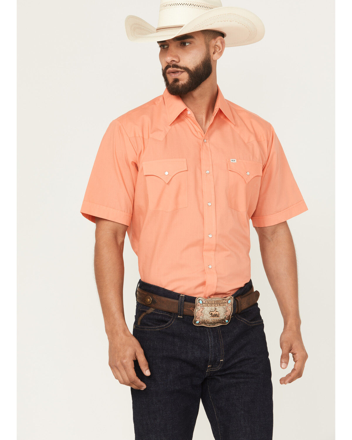 Image #1 - Ely Walker Men's Solid Short Sleeve Pearl Snap Western Shirt, Coral, hi-res