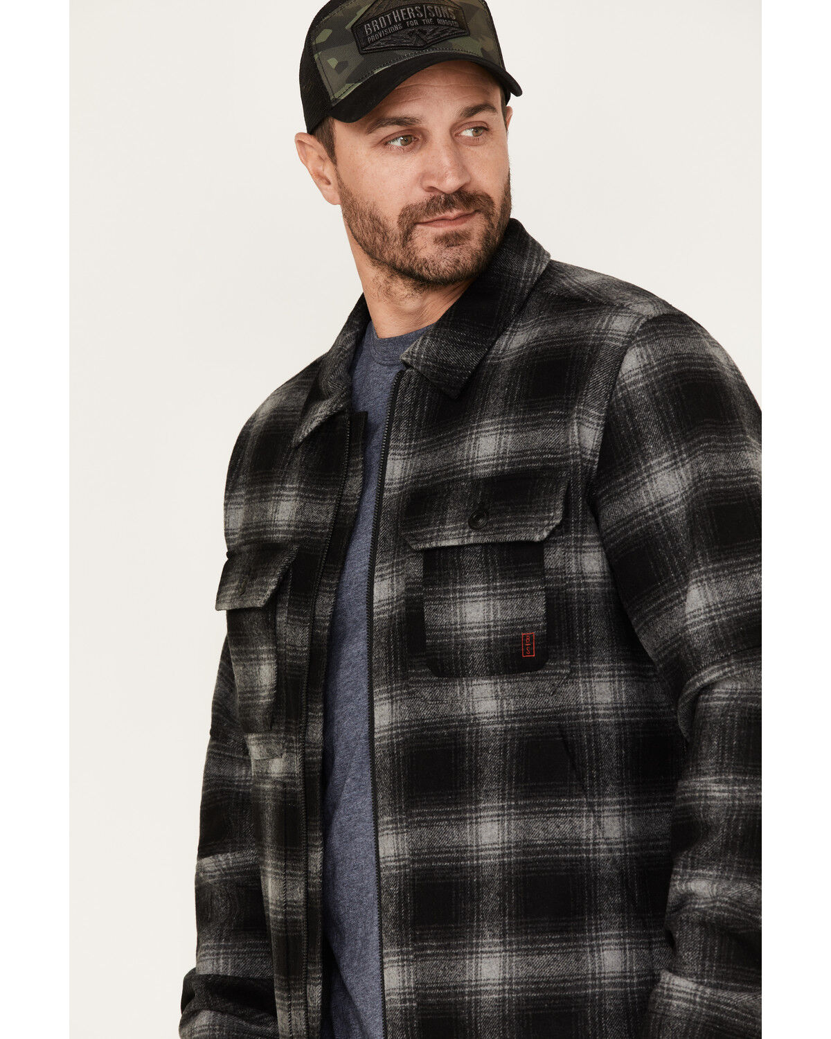 Image #2 - Brothers and Sons Men's Wool Full Zip Plaid Print Jacket, Black, hi-res
