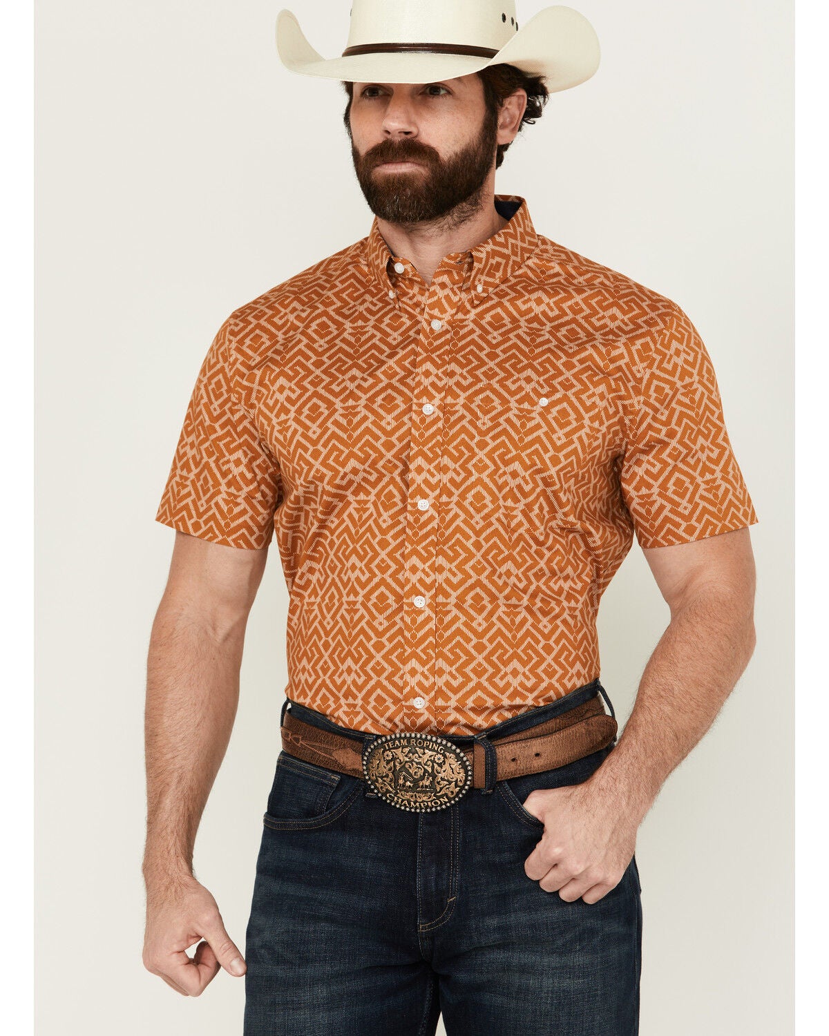 Image #1 - RANK 45&reg; Men's Decker Geo Print Short Sleeve Performance Stretch Button-Down Western Shirt, Gold, hi-res