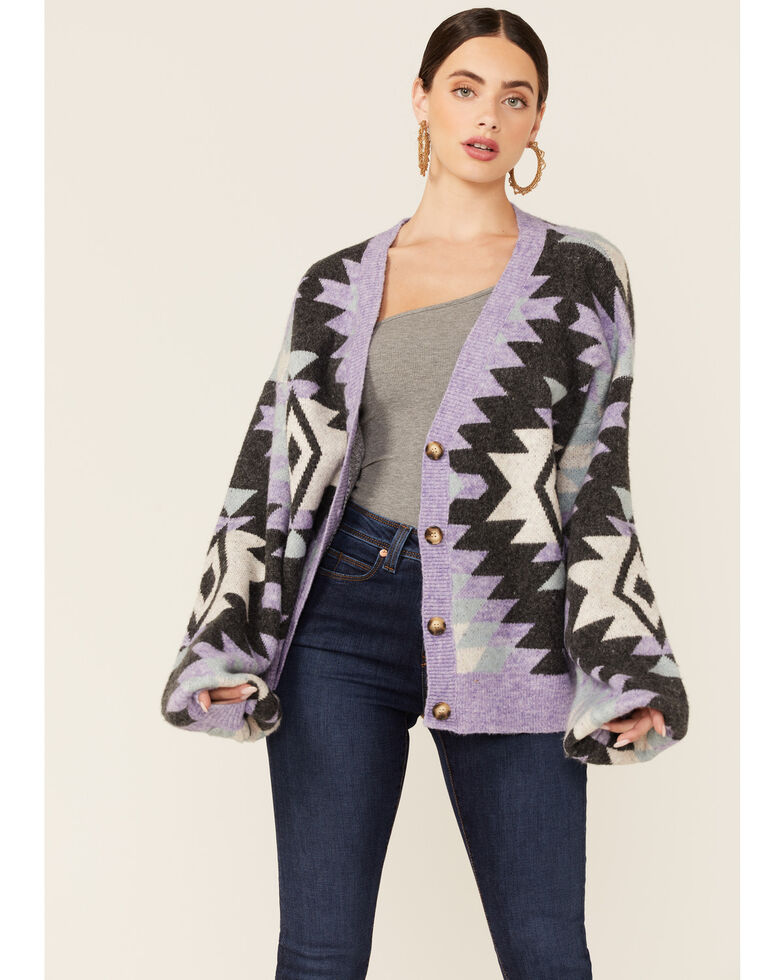 HyFve Women's Long Sleeve Lavender Geometric Print Button Down Cardigan , Lavender, hi-res