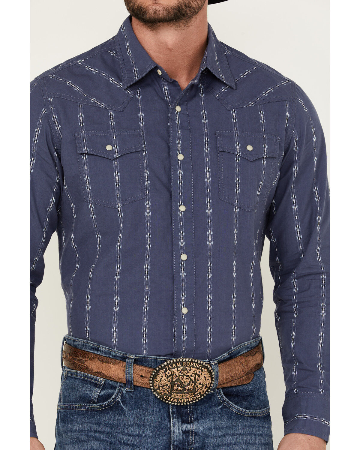 Image #3 - Wrangler Retro Men's Premium Linear Print Long Sleeve Snap Western Shirt, Blue, hi-res