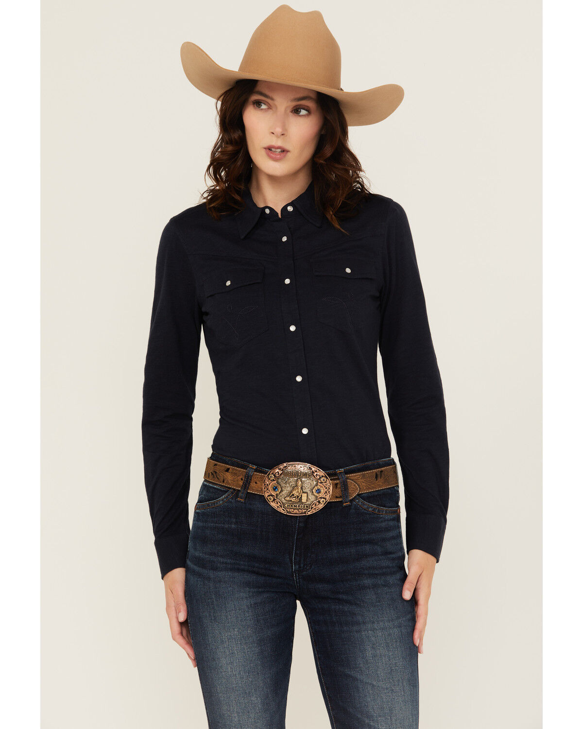 Image #1 - Shyanne Women's Solid Core Long Sleeve Snap Western Shirt, Indigo, hi-res