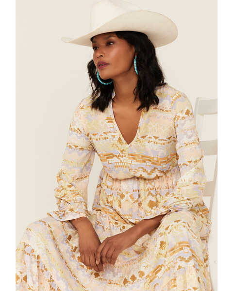 Shyanne Women's Watercolor Southwestern Maxi Long Sleeve Dress, Ivory, hi-res