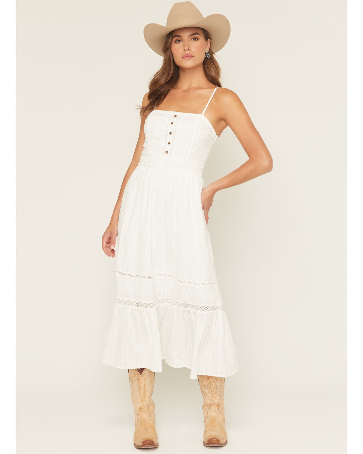 Miss Me Women's Sleeveless Button-Front Eyelet Trim Midi Dress, White, hi-res