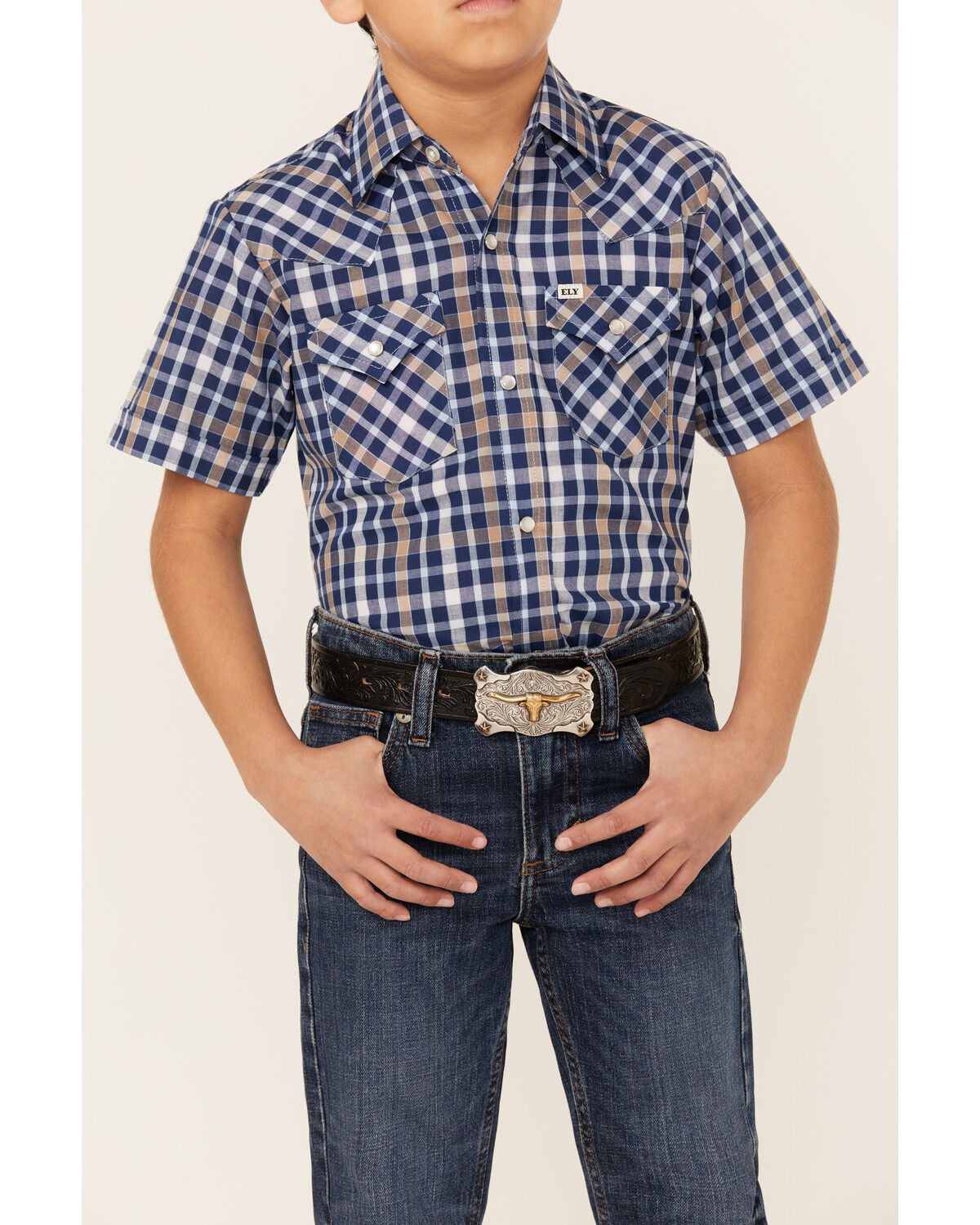 Image #3 - Ely Walker Boys' Plaid Print Short Sleeve Pearl Snap Western Shirt, Navy, hi-res