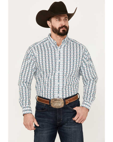 Image #1 - Ariat Men's Southwestern Print Nolan Classic Fit Button Down Long Sleeve Western Shirt, White, hi-res
